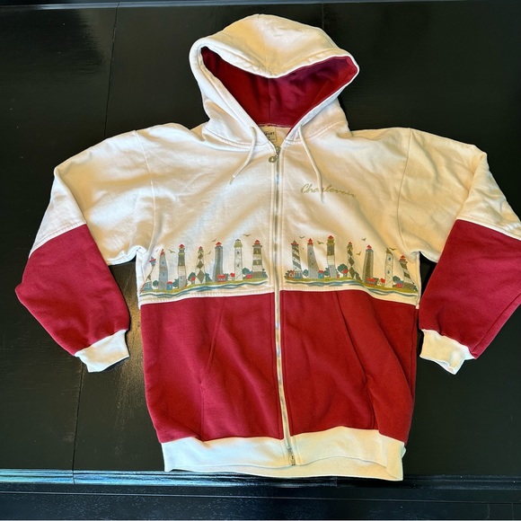 Vintage Michigan Charlevoix Medium Red and Cream Made in USA Lighthouses Hoodie - Picture 2 of 10